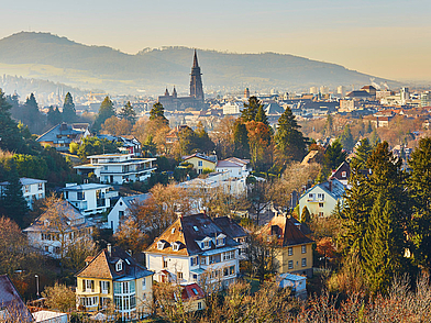 Blick über Freiburg mit Schwarzwald im Hintergrund – idyllische Kulisse für Deutsch Schülersprachreisen in Freiburg