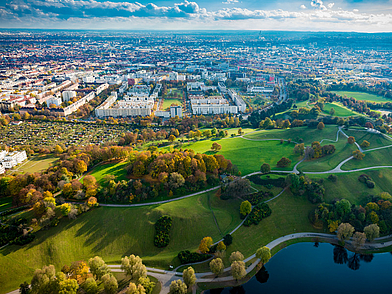 Luftaufnahme des Münchner Olympiaparks – moderne Umgebung für Business-Deutsch-Sprachprogramme
