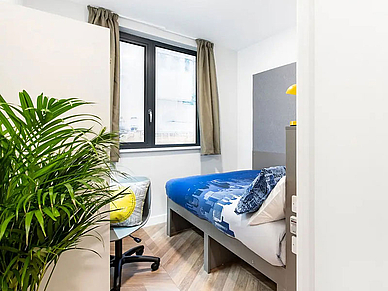 Chambre simple moderne dans la résidence d'été à Bournemouth, équipée d'un lit et d'un bureau