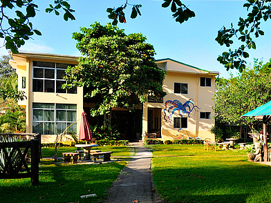Gebäude der Intercultura Sprachschule Sámara in Costa Rica mit tropischem Garten und buntem Wandbild.