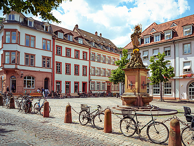 Historischer Kornmarkt in Heidelberg mit Brunnen und Altstadtgebäuden, ein typischer Ausflugsort während einer Sprachreise.