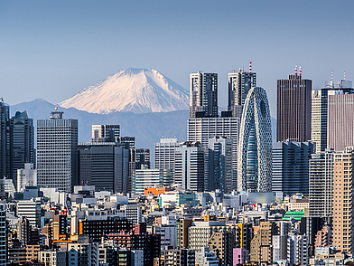 Tokios Skyline mit Blick auf den schneebedeckten Fuji als beeindruckendes Ziel für eine Japan Sprachreise