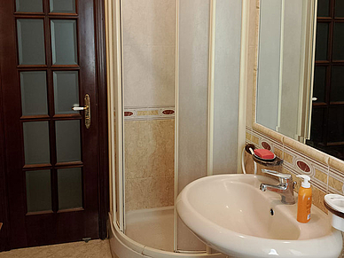 Badezimmer mit Dusche, Waschbecken und Spiegel in einem Apartment.