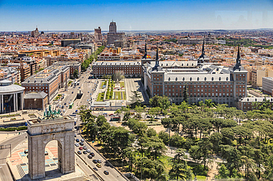 Vista panoramica su Madrid dal belvedere della Moncloa, in Spagna.