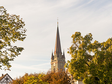 Blick auf den Kirchturm von Radolfzell am Bodensee – idealer Ort für Deutsch Sprachreisen für Schüler mit kulturellen Eindrücken und historischem Stadtbild.