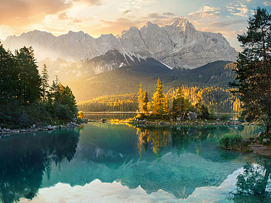 Eibsee mit Zugspitze bei Sonnenaufgang als Naturhighlight während einer Deutsch-Sprachreise nach Deutschland